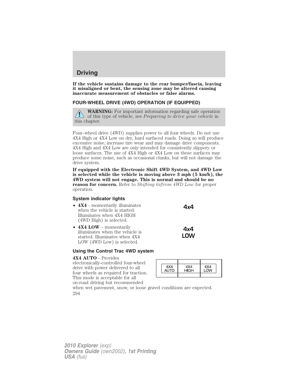 Four-wheel drive (4wd) operation (if equipped), System indicator lights, Using the control trac 4wd system | Driving | FORD 2010 Explorer v.1 User Manual | Page 294 / 404