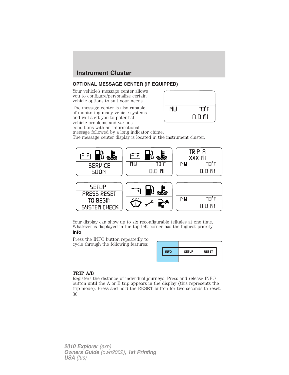 Optional message center (if equipped), Info, Instrument cluster | FORD 2010 Explorer v.1 User Manual | Page 30 / 404