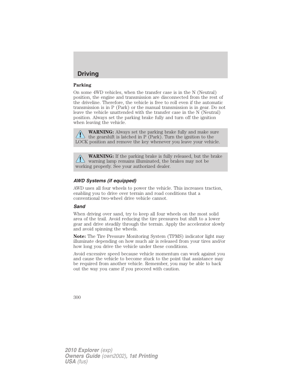 Awd systems (if equipped), Sand, Driving | FORD 2010 Explorer v.1 User Manual | Page 300 / 404