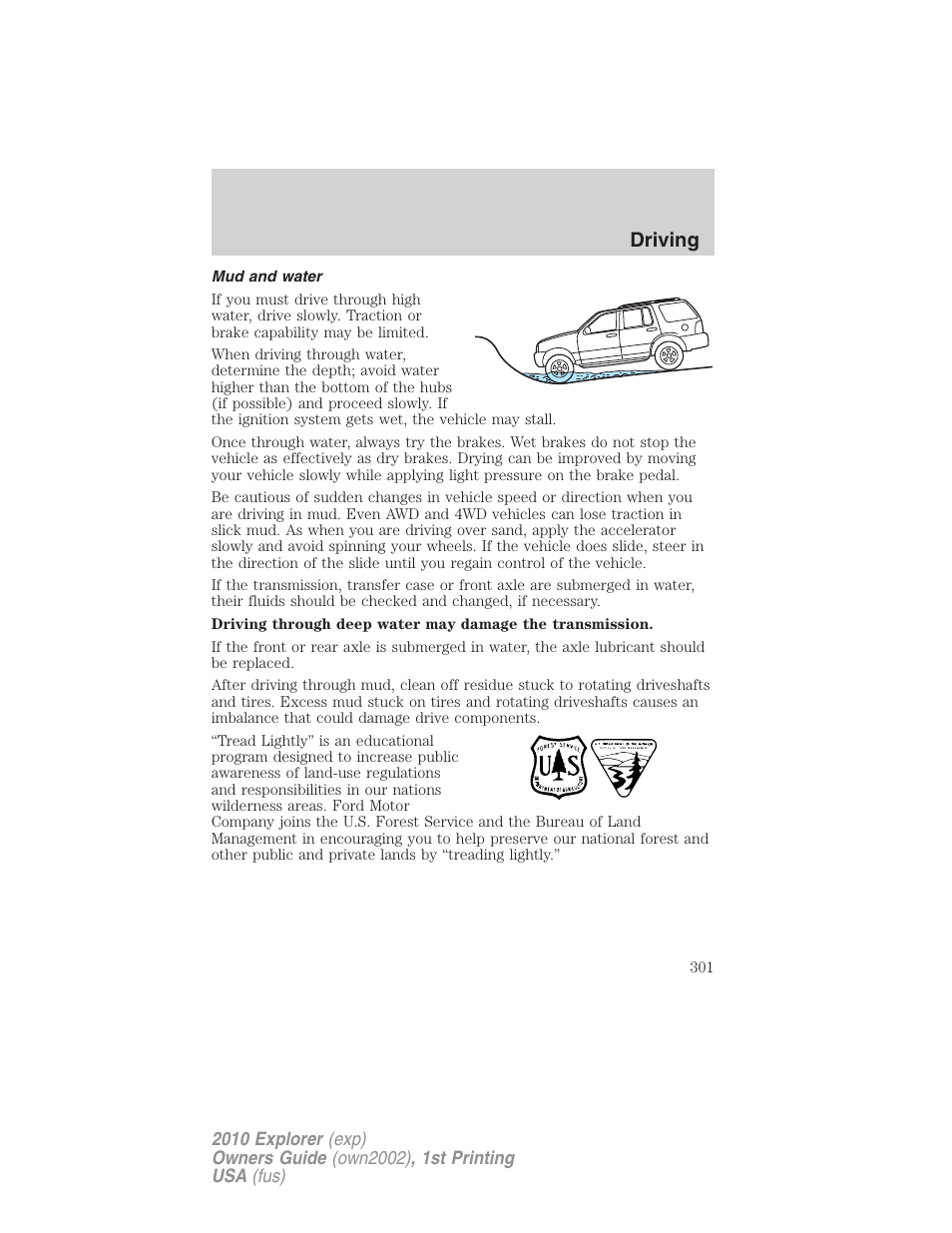 Mud and water, Driving | FORD 2010 Explorer v.1 User Manual | Page 301 / 404