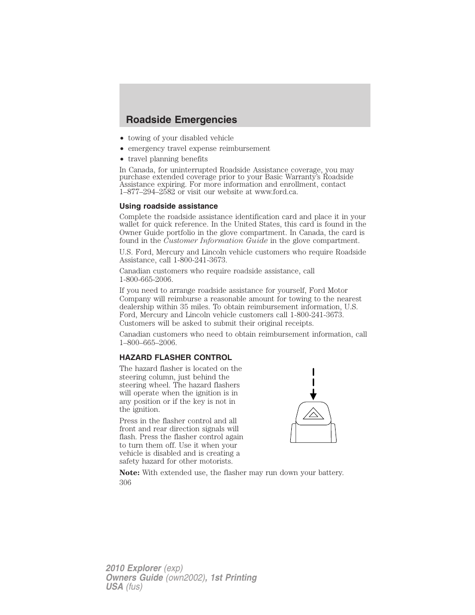 Using roadside assistance, Hazard flasher control, Roadside emergencies | FORD 2010 Explorer v.1 User Manual | Page 306 / 404