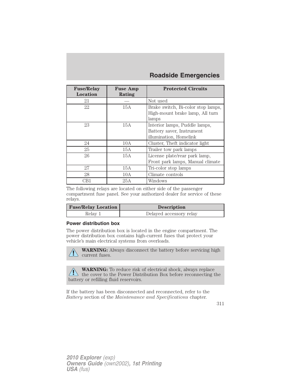 Power distribution box, Roadside emergencies | FORD 2010 Explorer v.1 User Manual | Page 311 / 404