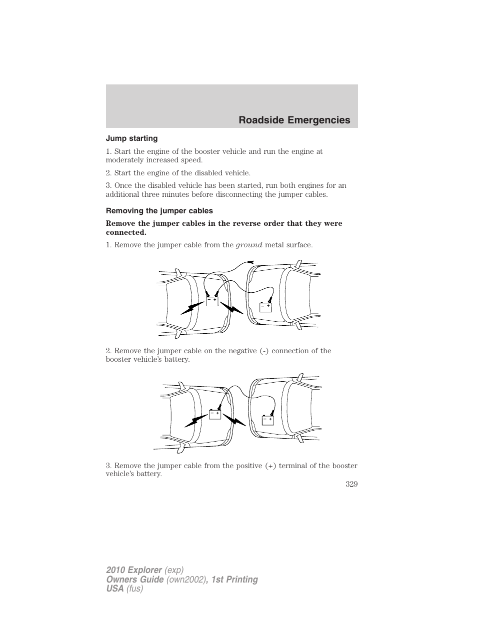 Jump starting, Removing the jumper cables, Roadside emergencies | FORD 2010 Explorer v.1 User Manual | Page 329 / 404