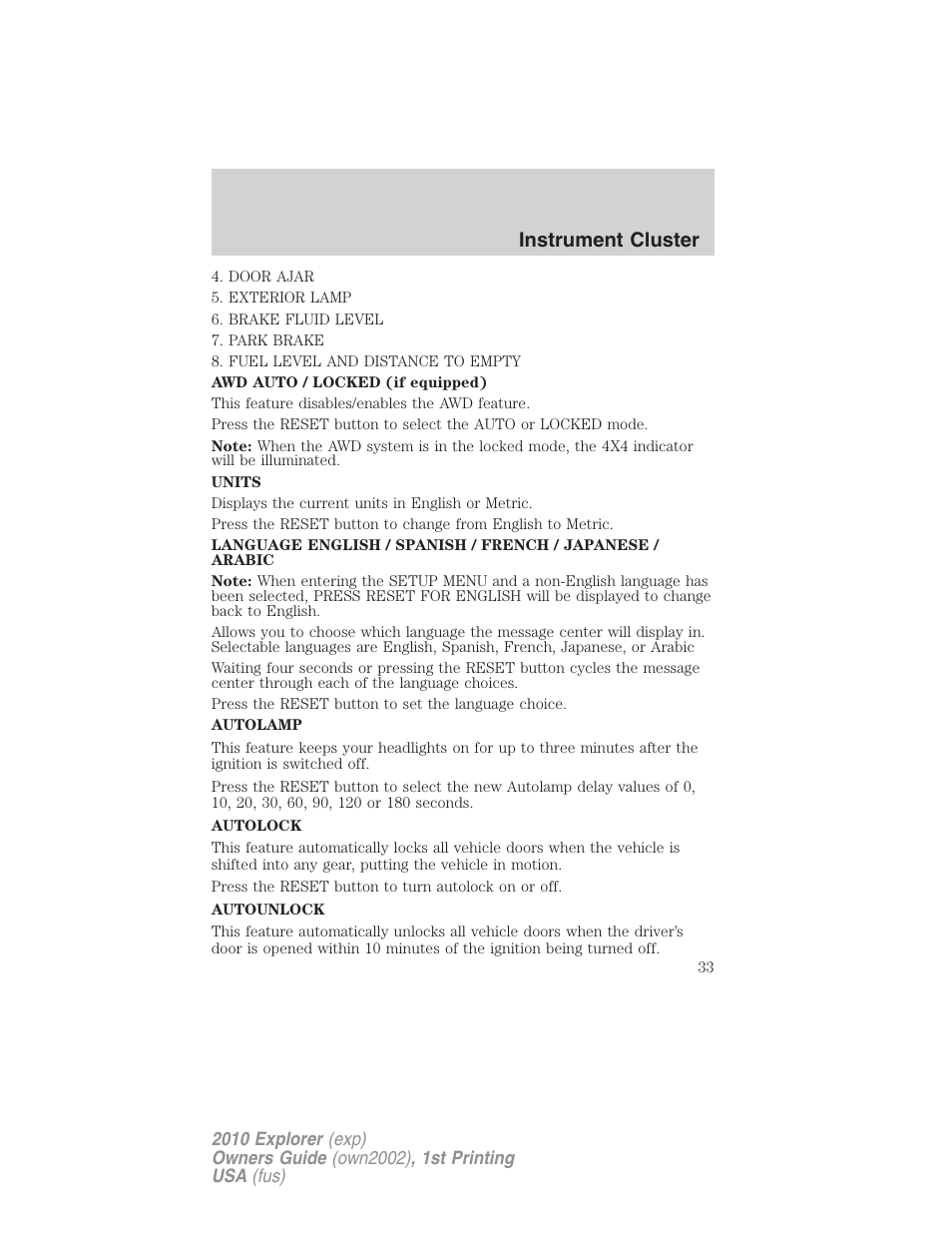 Instrument cluster | FORD 2010 Explorer v.1 User Manual | Page 33 / 404