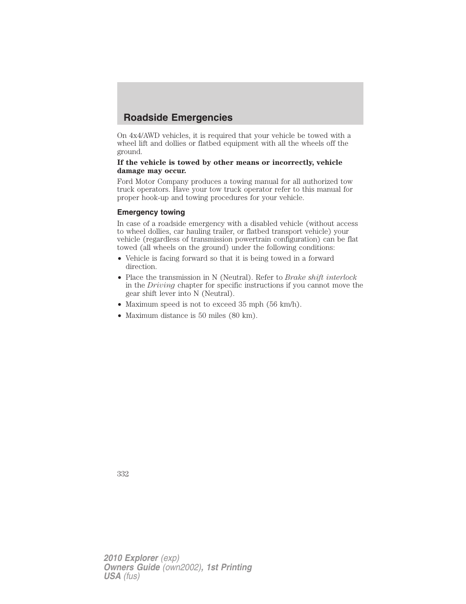 Emergency towing, Roadside emergencies | FORD 2010 Explorer v.1 User Manual | Page 332 / 404