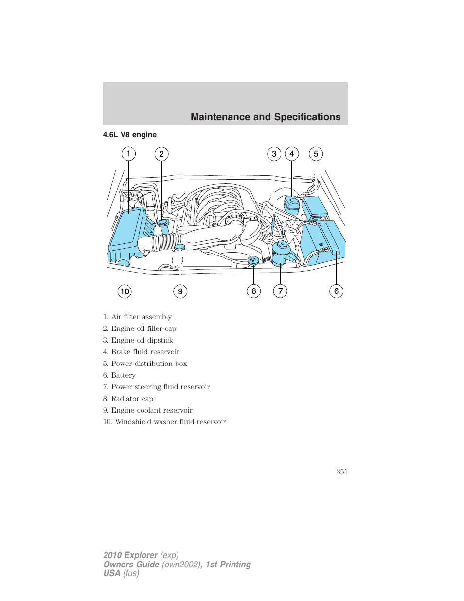 6l v8 engine, Maintenance and specifications | FORD 2010 Explorer v.1 User Manual | Page 351 / 404