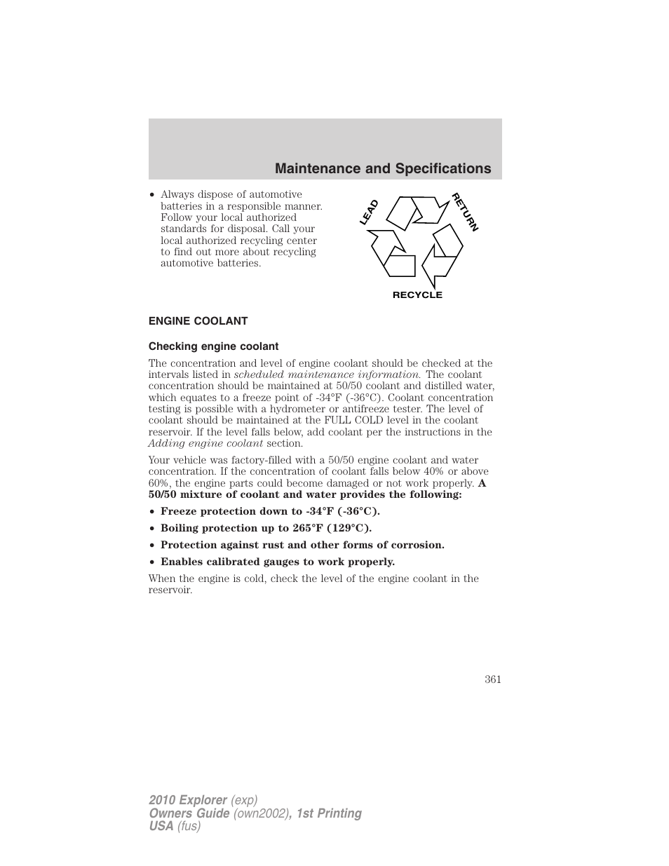 Engine coolant, Checking engine coolant, Maintenance and specifications | FORD 2010 Explorer v.1 User Manual | Page 361 / 404