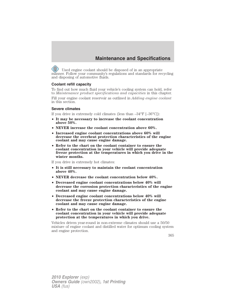 Coolant refill capacity, Severe climates, Maintenance and specifications | FORD 2010 Explorer v.1 User Manual | Page 365 / 404