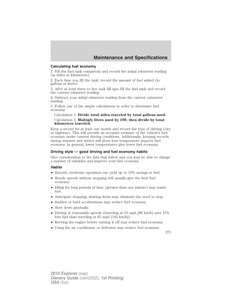 Calculating fuel economy, Habits, Maintenance and specifications | FORD 2010 Explorer v.1 User Manual | Page 375 / 404