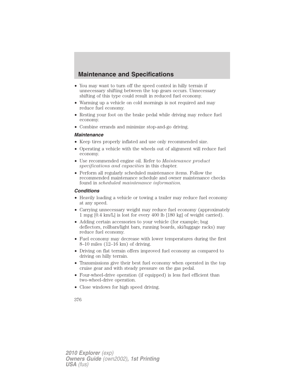 Maintenance, Conditions, Maintenance and specifications | FORD 2010 Explorer v.1 User Manual | Page 376 / 404