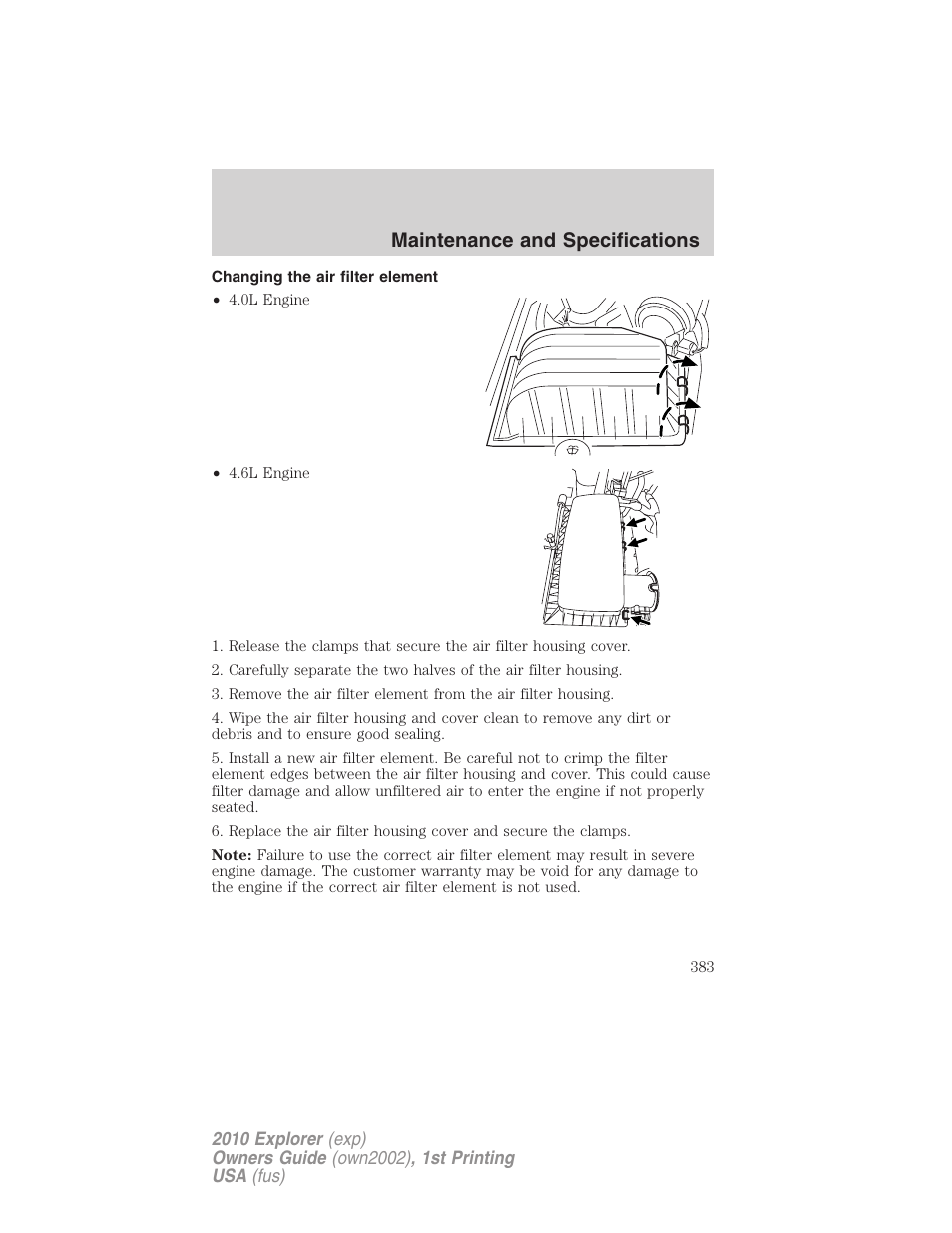 Changing the air filter element, Maintenance and specifications | FORD 2010 Explorer v.1 User Manual | Page 383 / 404
