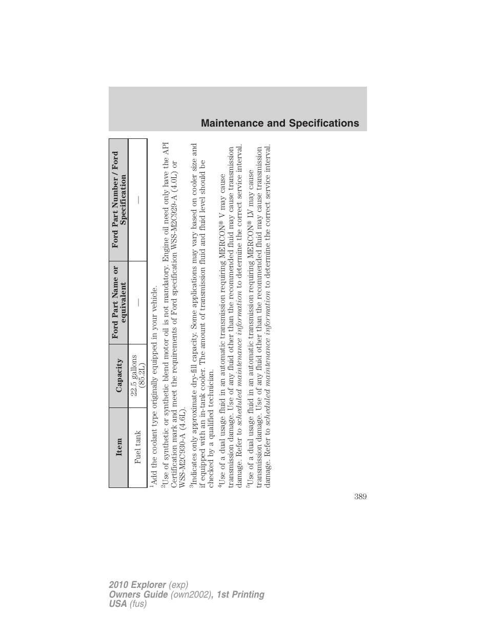 Maintenance and specifications | FORD 2010 Explorer v.1 User Manual | Page 389 / 404