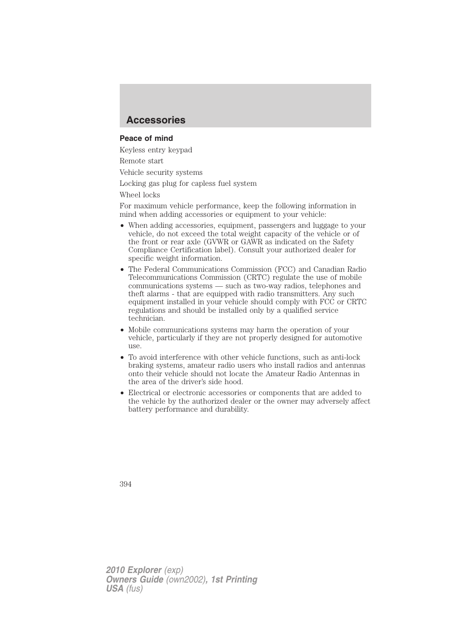 Peace of mind, Accessories | FORD 2010 Explorer v.1 User Manual | Page 394 / 404