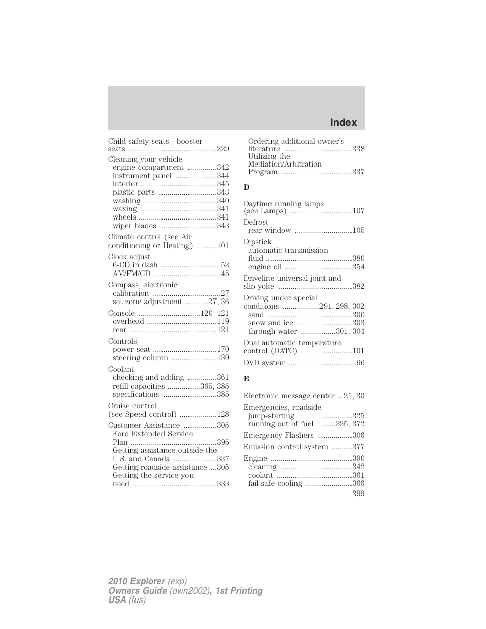 Index | FORD 2010 Explorer v.1 User Manual | Page 399 / 404