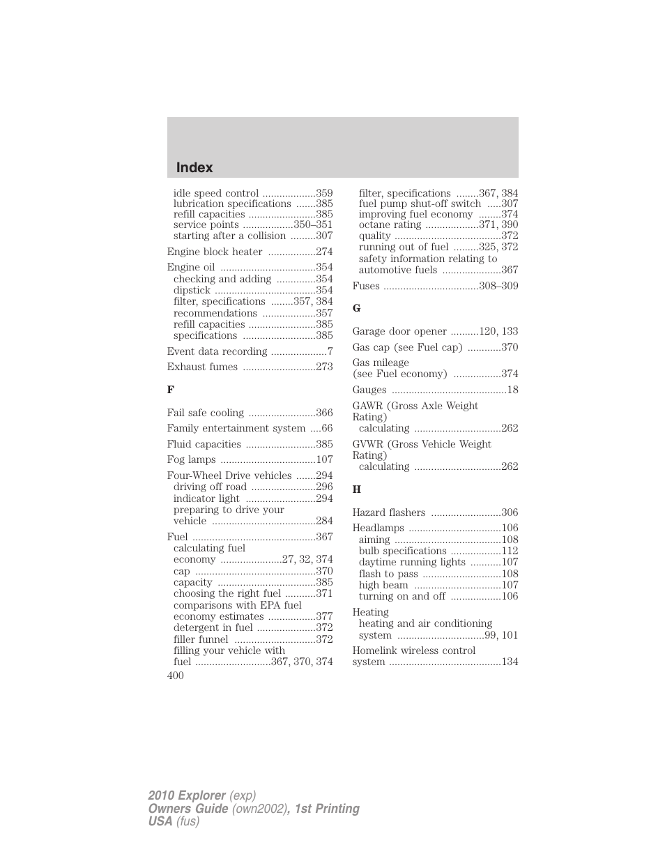 Index | FORD 2010 Explorer v.1 User Manual | Page 400 / 404