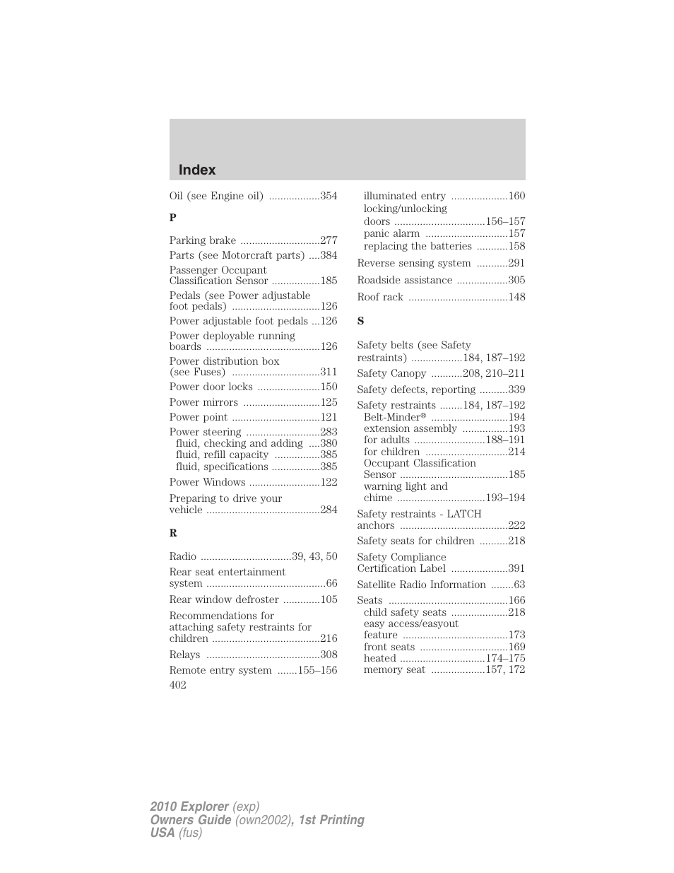 Index | FORD 2010 Explorer v.1 User Manual | Page 402 / 404