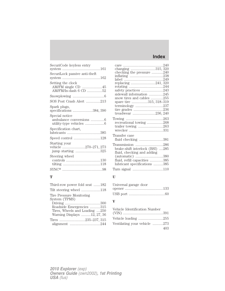 Index | FORD 2010 Explorer v.1 User Manual | Page 403 / 404