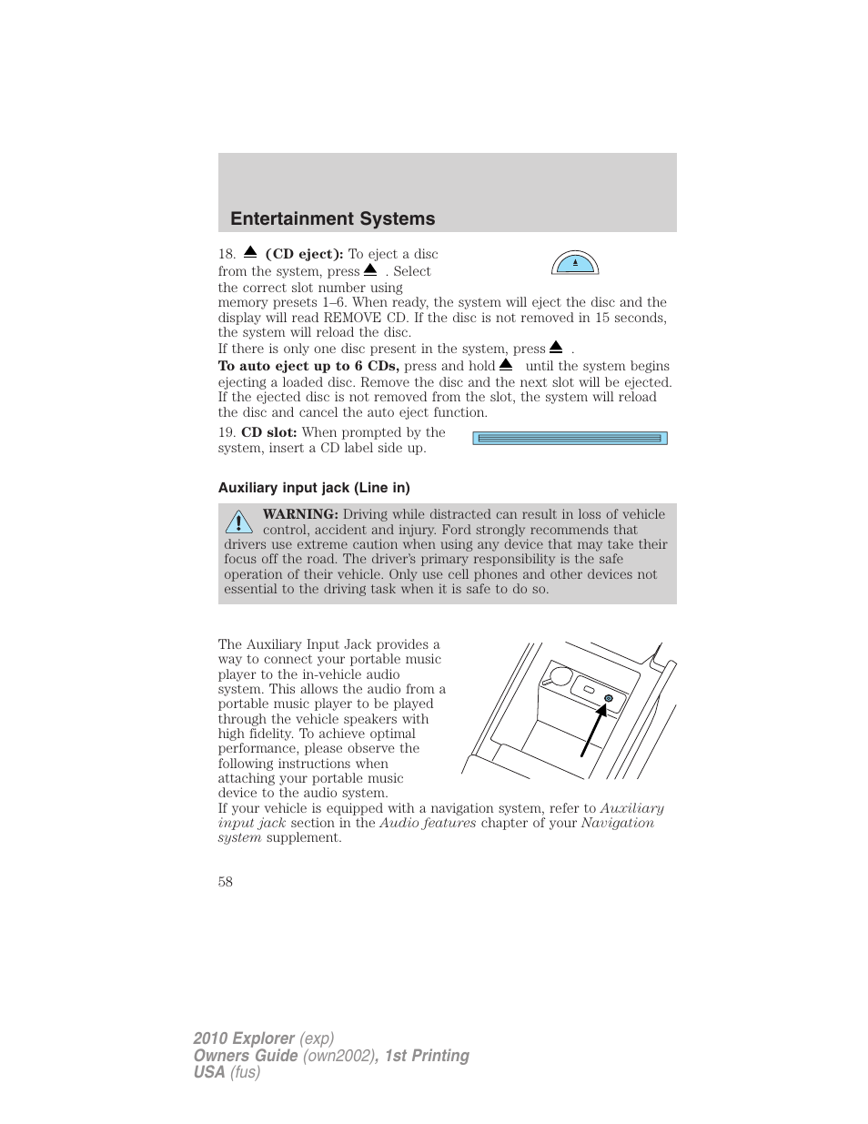 Auxiliary input jack (line in), Entertainment systems | FORD 2010 Explorer v.1 User Manual | Page 58 / 404