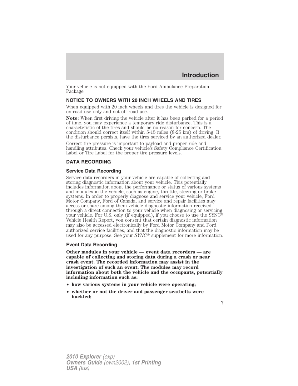 Notice to owners with 20 inch wheels and tires, Data recording, Service data recording | Event data recording, Introduction | FORD 2010 Explorer v.1 User Manual | Page 7 / 404