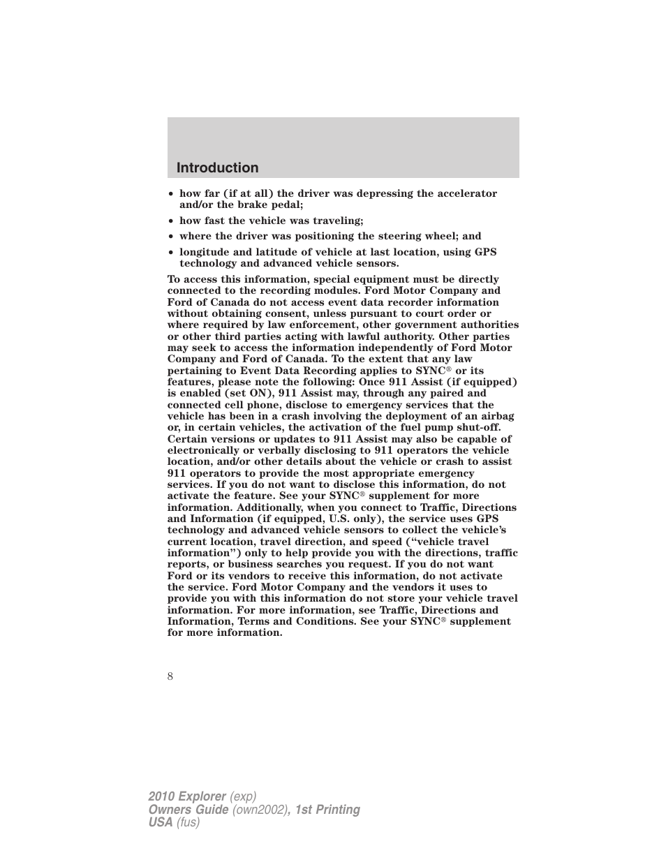 Introduction | FORD 2010 Explorer v.1 User Manual | Page 8 / 404