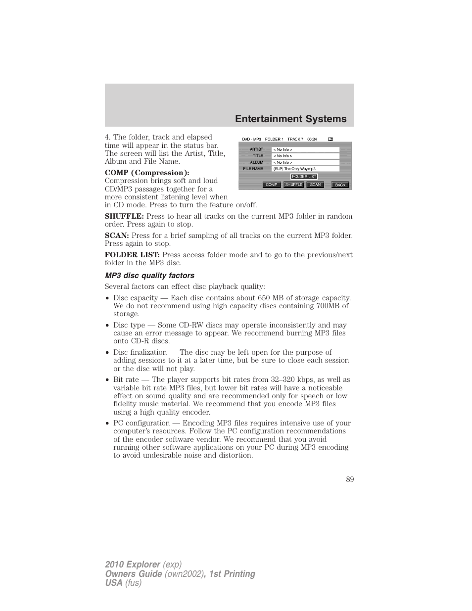 Mp3 disc quality factors, Entertainment systems | FORD 2010 Explorer v.1 User Manual | Page 89 / 404