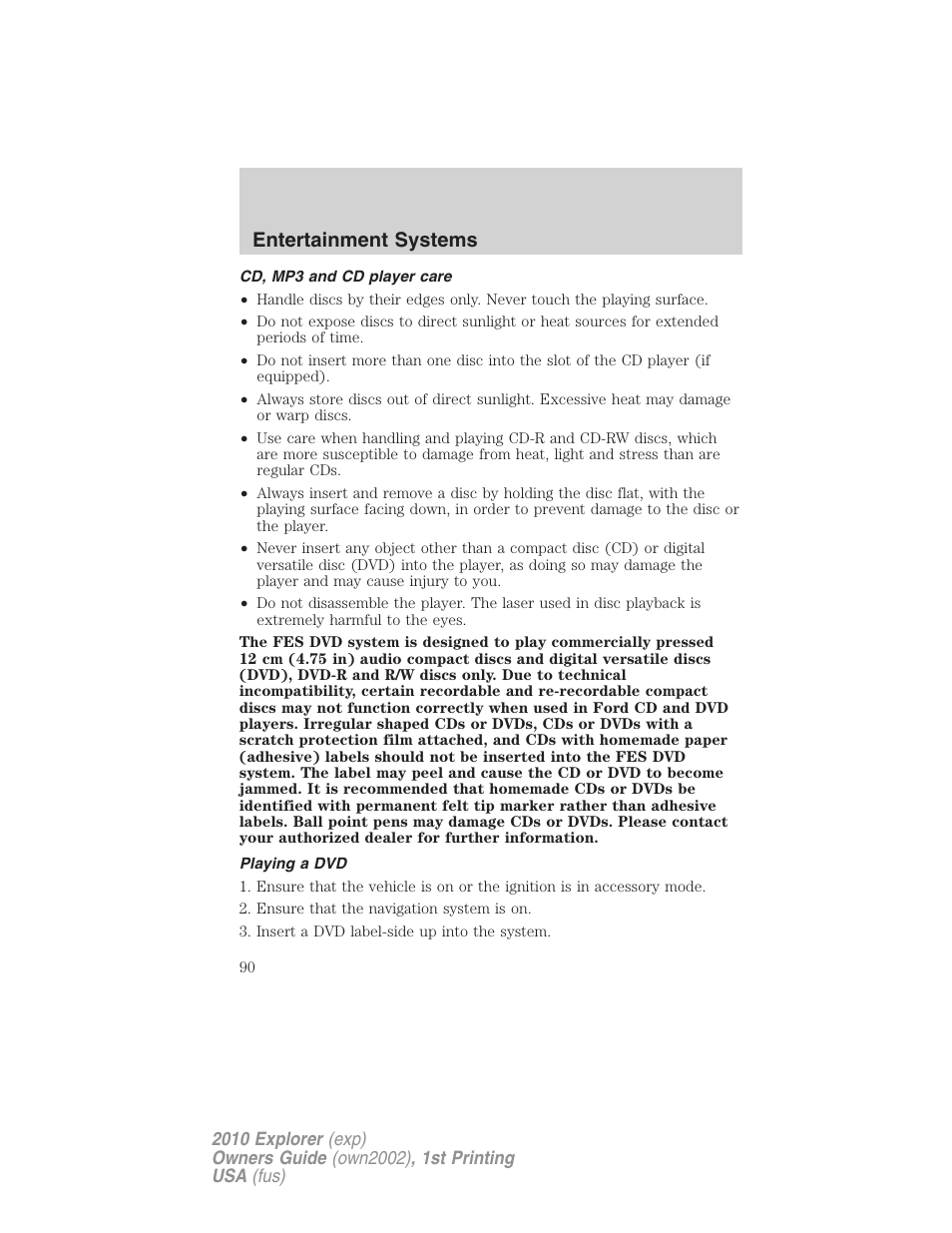 Cd, mp3 and cd player care, Playing a dvd, Entertainment systems | FORD 2010 Explorer v.1 User Manual | Page 90 / 404