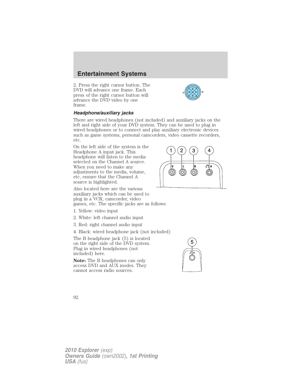 Headphone/auxiliary jacks, Entertainment systems | FORD 2010 Explorer v.1 User Manual | Page 92 / 404