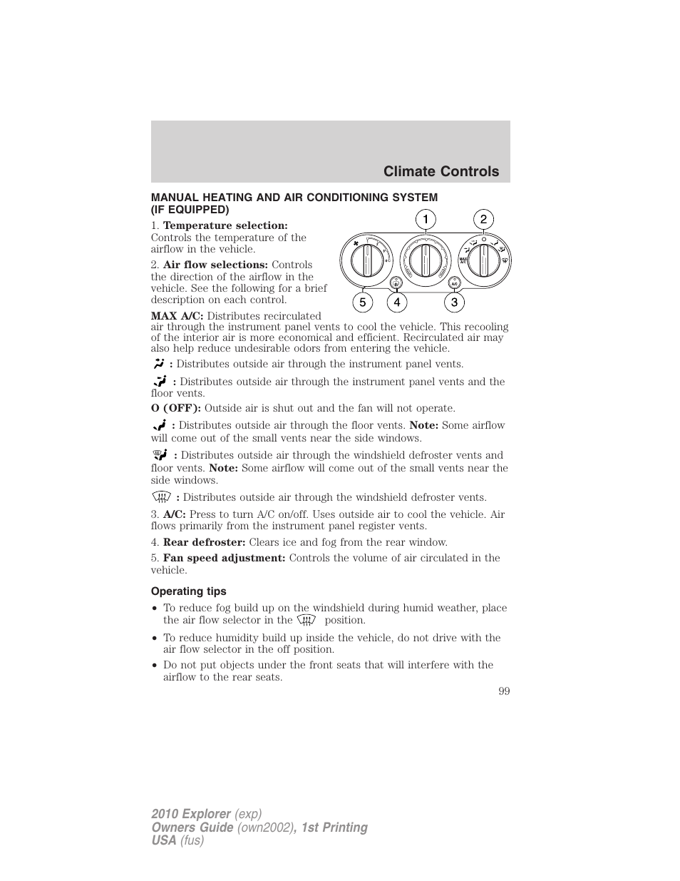 Climate controls, Operating tips, Manual heating and air conditioning | FORD 2010 Explorer v.1 User Manual | Page 99 / 404