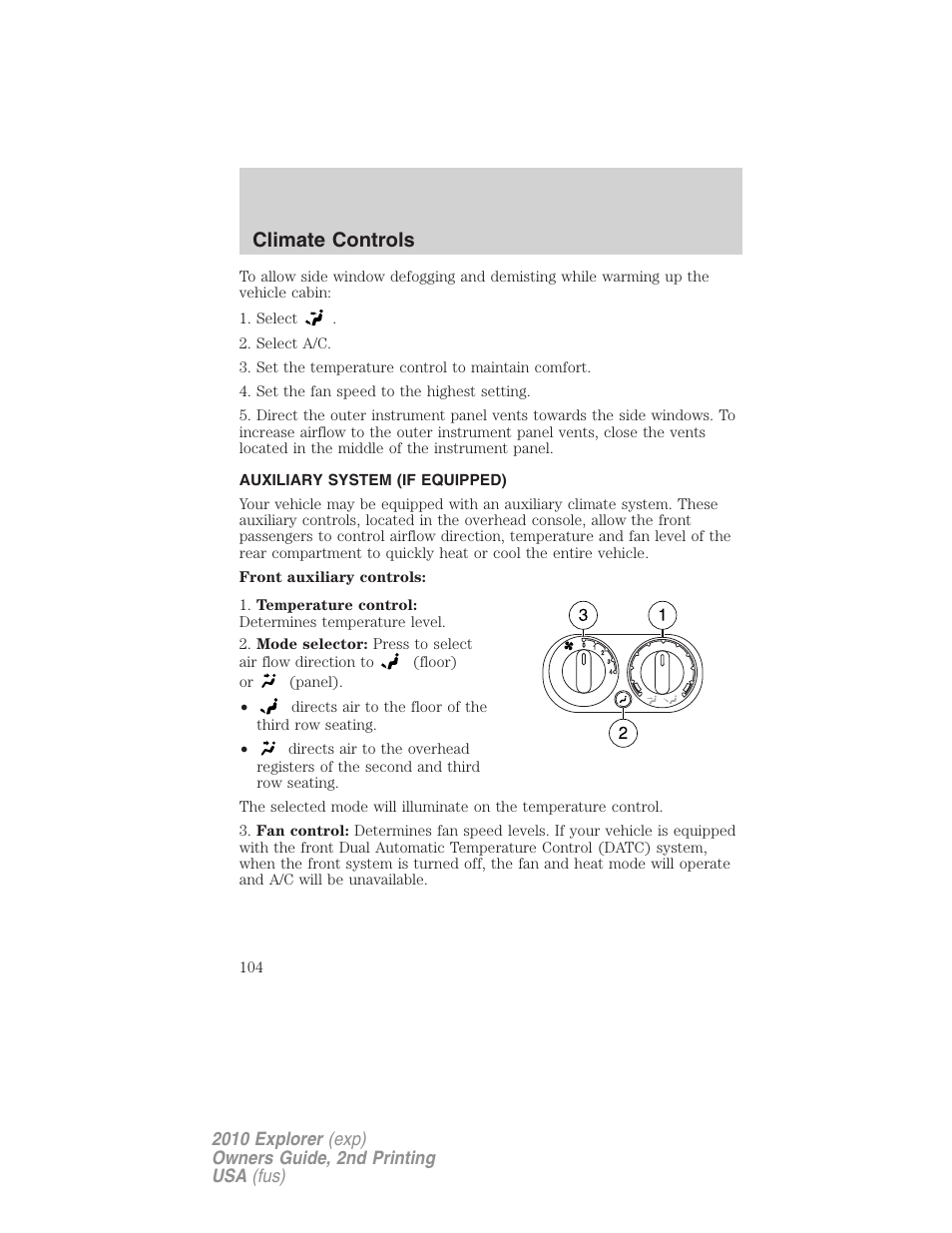 Auxiliary system (if equipped), Auxiliary passenger climate control, Climate controls | FORD 2010 Explorer v.2 User Manual | Page 104 / 406