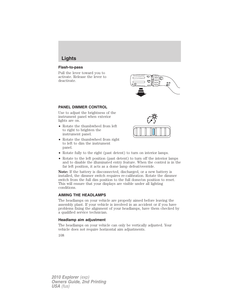 Flash-to-pass, Panel dimmer control, Aiming the headlamps | Headlamp aim adjustment, Lights | FORD 2010 Explorer v.2 User Manual | Page 108 / 406