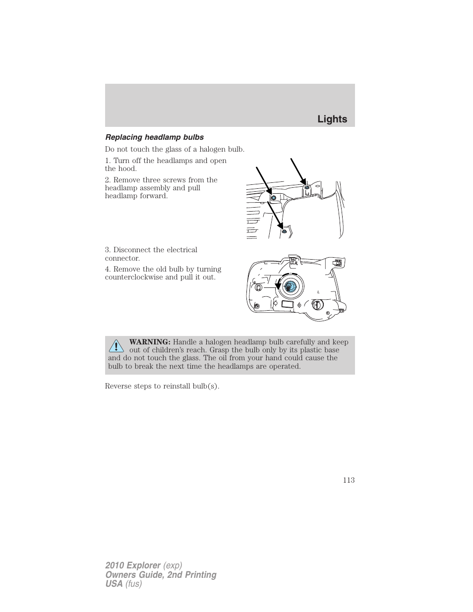 Replacing headlamp bulbs, Lights | FORD 2010 Explorer v.2 User Manual | Page 113 / 406