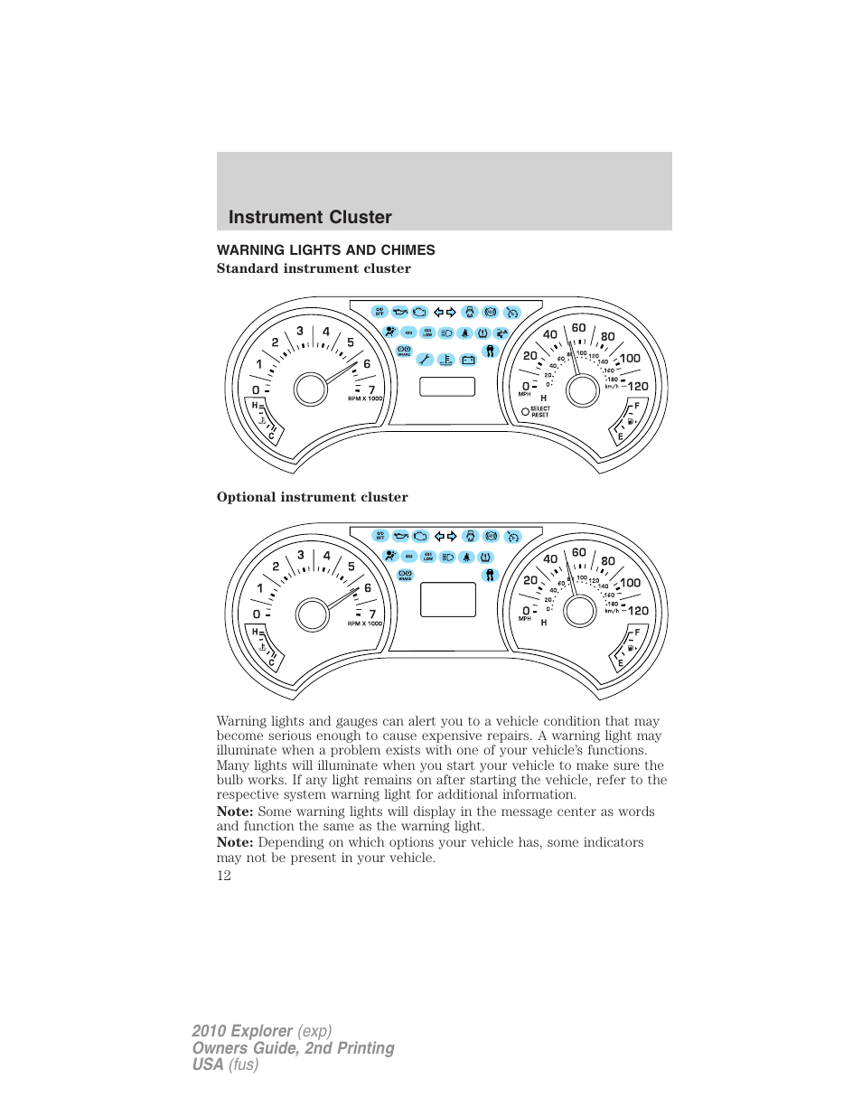 Instrument cluster, Warning lights and chimes | FORD 2010 Explorer v.2 User Manual | Page 12 / 406