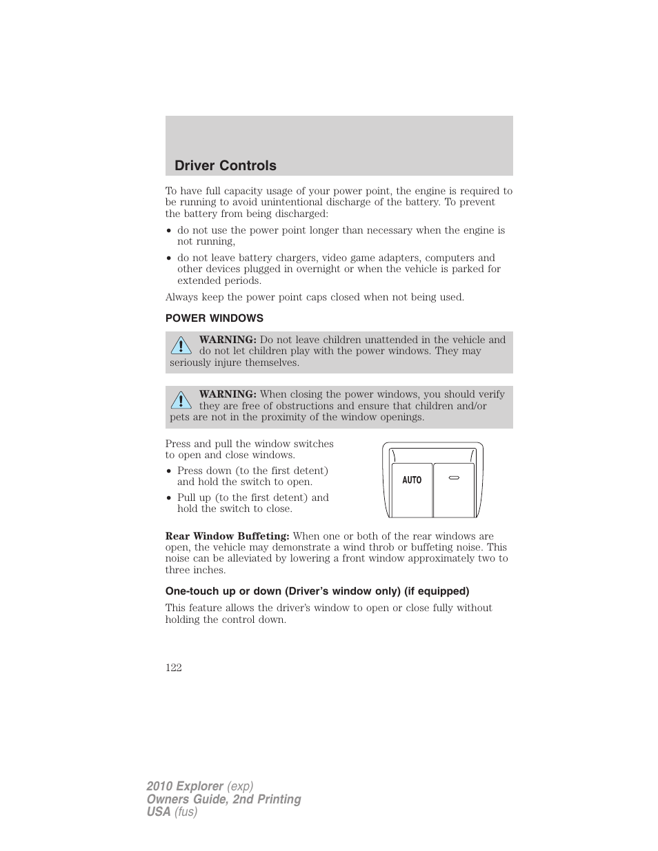 Power windows, Driver controls | FORD 2010 Explorer v.2 User Manual | Page 122 / 406