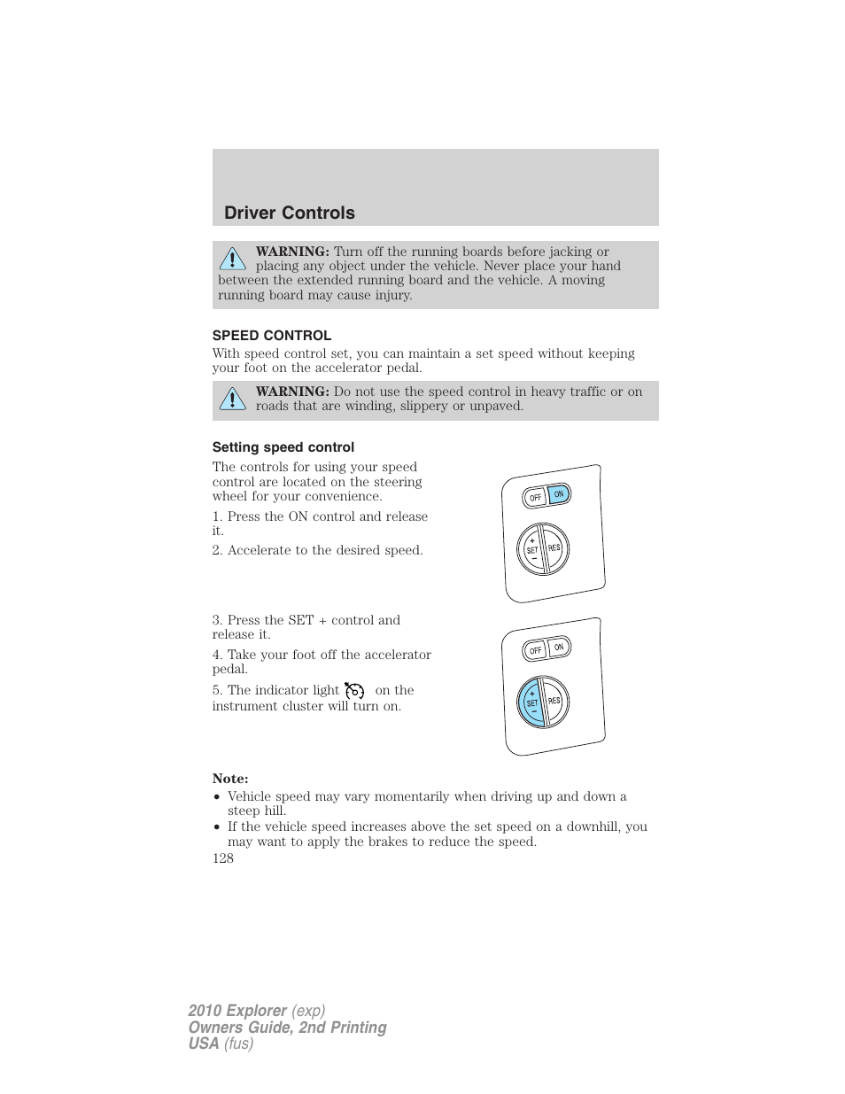 Speed control, Setting speed control, Driver controls | FORD 2010 Explorer v.2 User Manual | Page 128 / 406