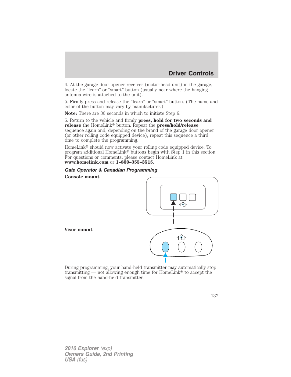 Gate operator & canadian programming, Driver controls | FORD 2010 Explorer v.2 User Manual | Page 137 / 406