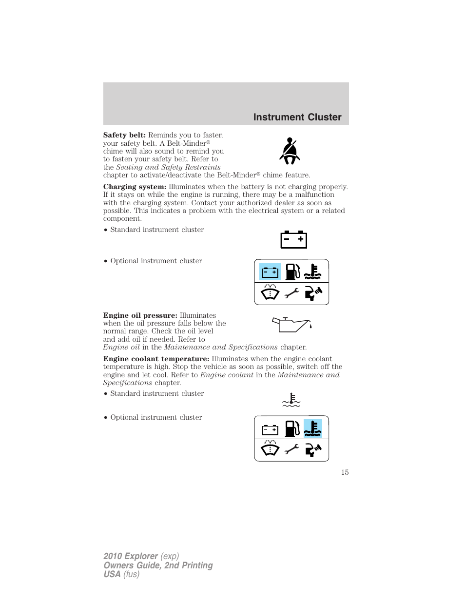 Instrument cluster | FORD 2010 Explorer v.2 User Manual | Page 15 / 406