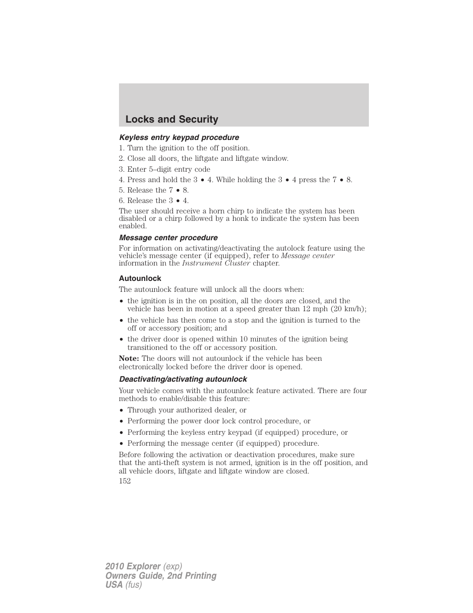 Keyless entry keypad procedure, Message center procedure, Autounlock | Deactivating/activating autounlock, Locks and security | FORD 2010 Explorer v.2 User Manual | Page 152 / 406