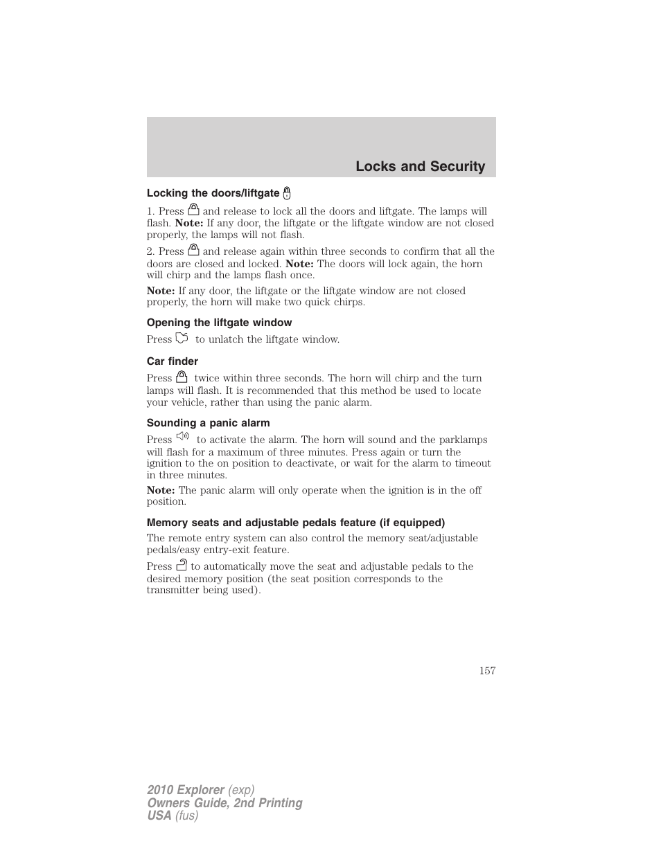 Locking the doors/liftgate, Opening the liftgate window, Car finder | Sounding a panic alarm, Locks and security | FORD 2010 Explorer v.2 User Manual | Page 157 / 406