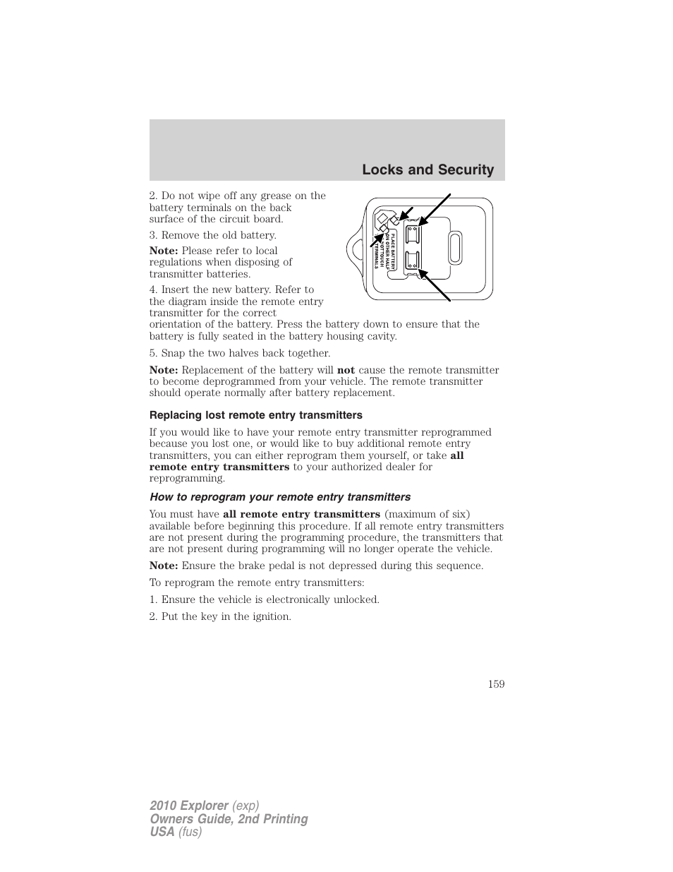 Replacing lost remote entry transmitters, How to reprogram your remote entry transmitters, Locks and security | FORD 2010 Explorer v.2 User Manual | Page 159 / 406