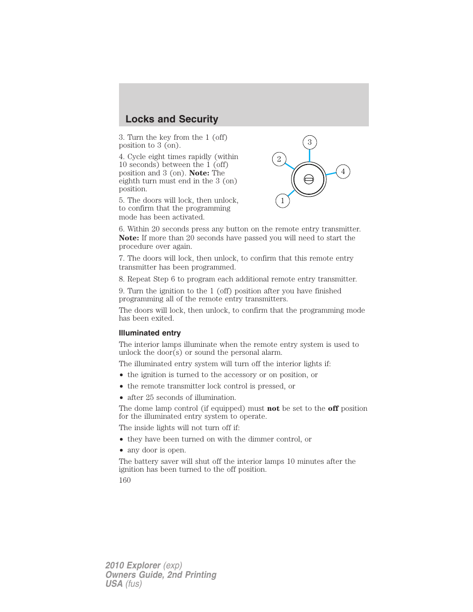 Illuminated entry, Locks and security | FORD 2010 Explorer v.2 User Manual | Page 160 / 406