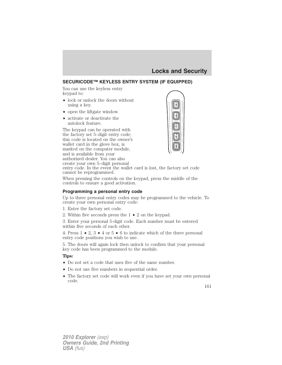 Securicode™ keyless entry system (if equipped), Programming a personal entry code, Locks and security | FORD 2010 Explorer v.2 User Manual | Page 161 / 406