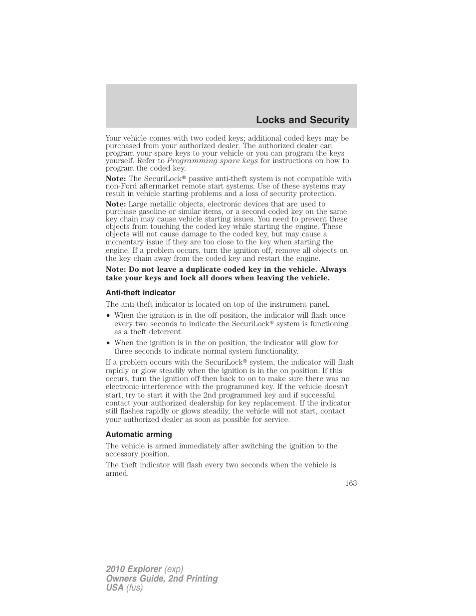Anti-theft indicator, Automatic arming, Locks and security | FORD 2010 Explorer v.2 User Manual | Page 163 / 406
