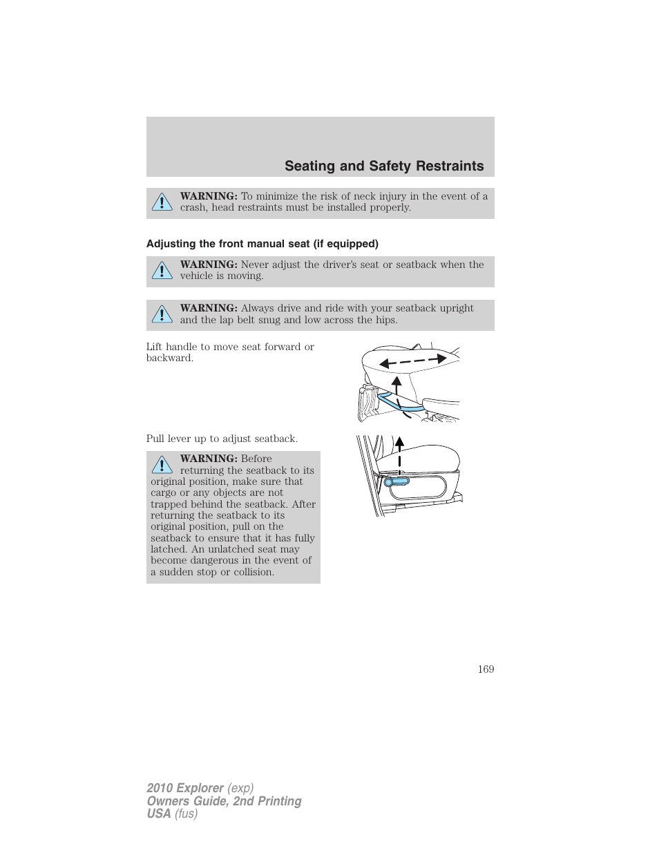 Adjusting the front manual seat (if equipped), Seating and safety restraints | FORD 2010 Explorer v.2 User Manual | Page 169 / 406