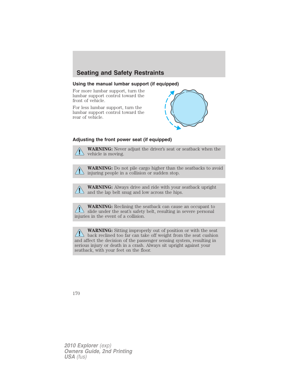 Using the manual lumbar support (if equipped), Adjusting the front power seat (if equipped), Seating and safety restraints | FORD 2010 Explorer v.2 User Manual | Page 170 / 406