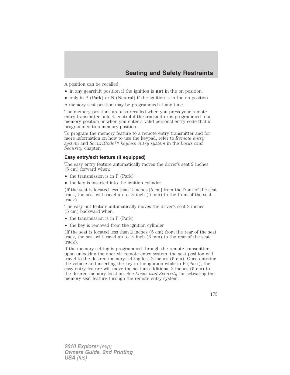 Easy entry/exit feature (if equipped), Seating and safety restraints | FORD 2010 Explorer v.2 User Manual | Page 173 / 406