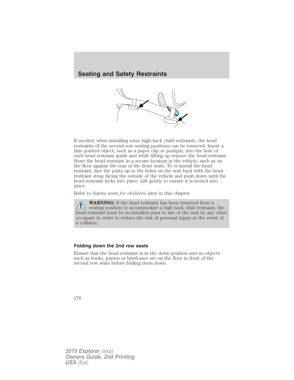 Folding down the 2nd row seats, Seating and safety restraints | FORD 2010 Explorer v.2 User Manual | Page 176 / 406