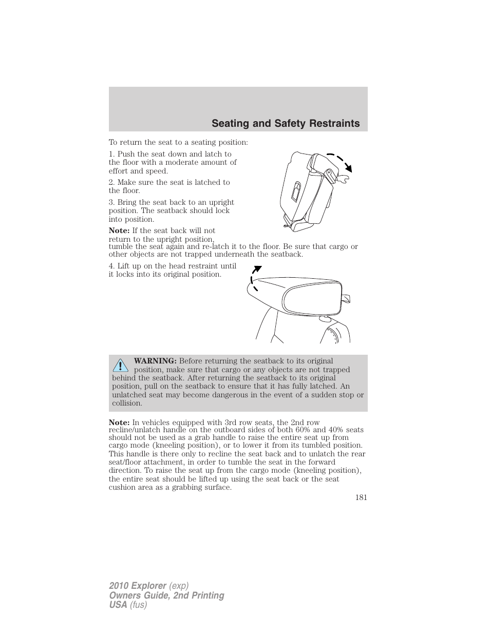 Seating and safety restraints | FORD 2010 Explorer v.2 User Manual | Page 181 / 406