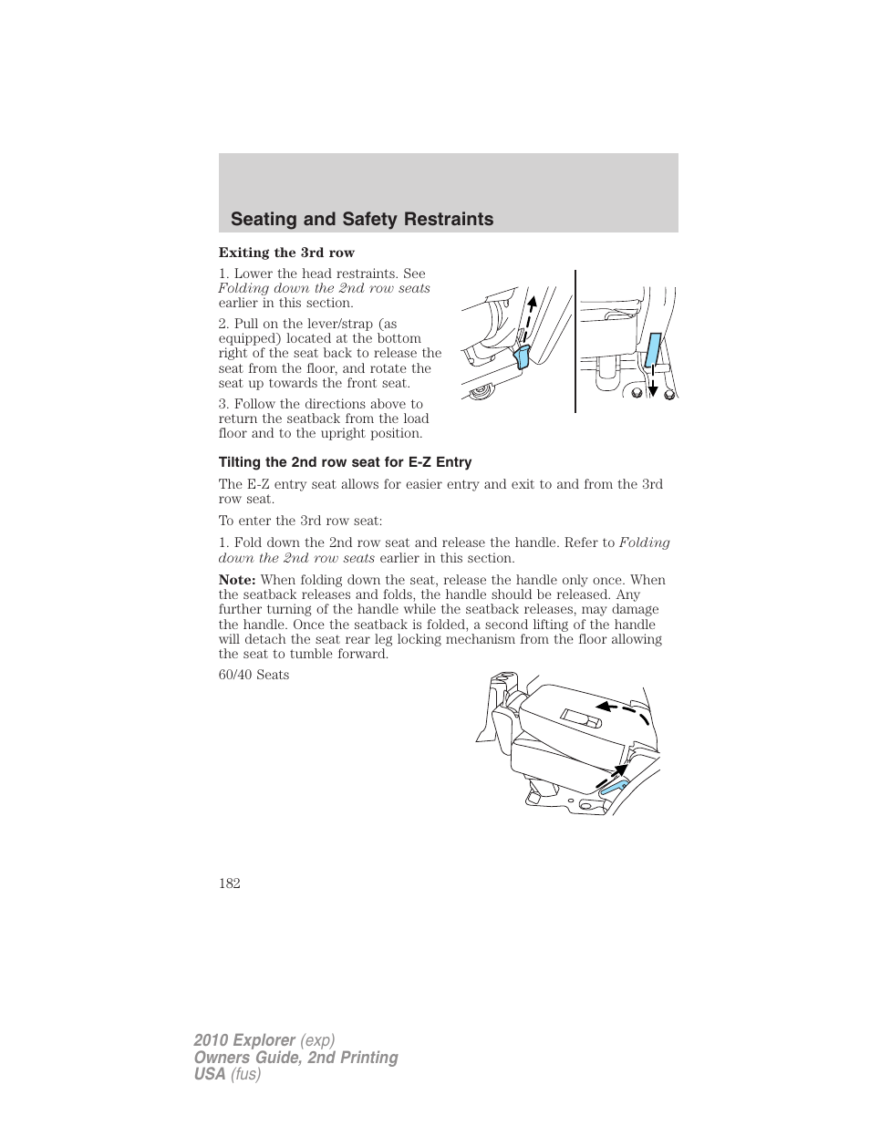 Tilting the 2nd row seat for e-z entry, Seating and safety restraints | FORD 2010 Explorer v.2 User Manual | Page 182 / 406