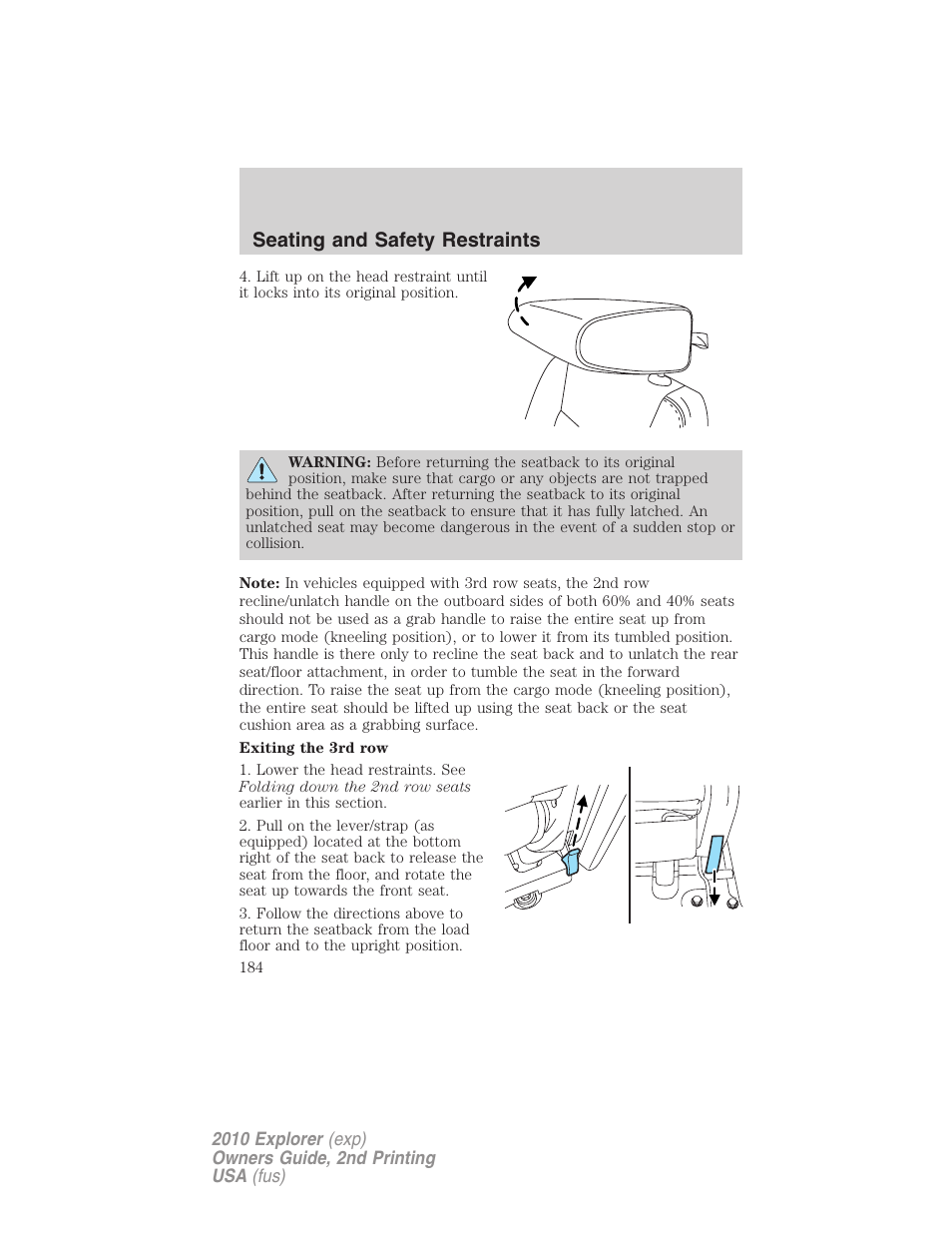 Seating and safety restraints | FORD 2010 Explorer v.2 User Manual | Page 184 / 406