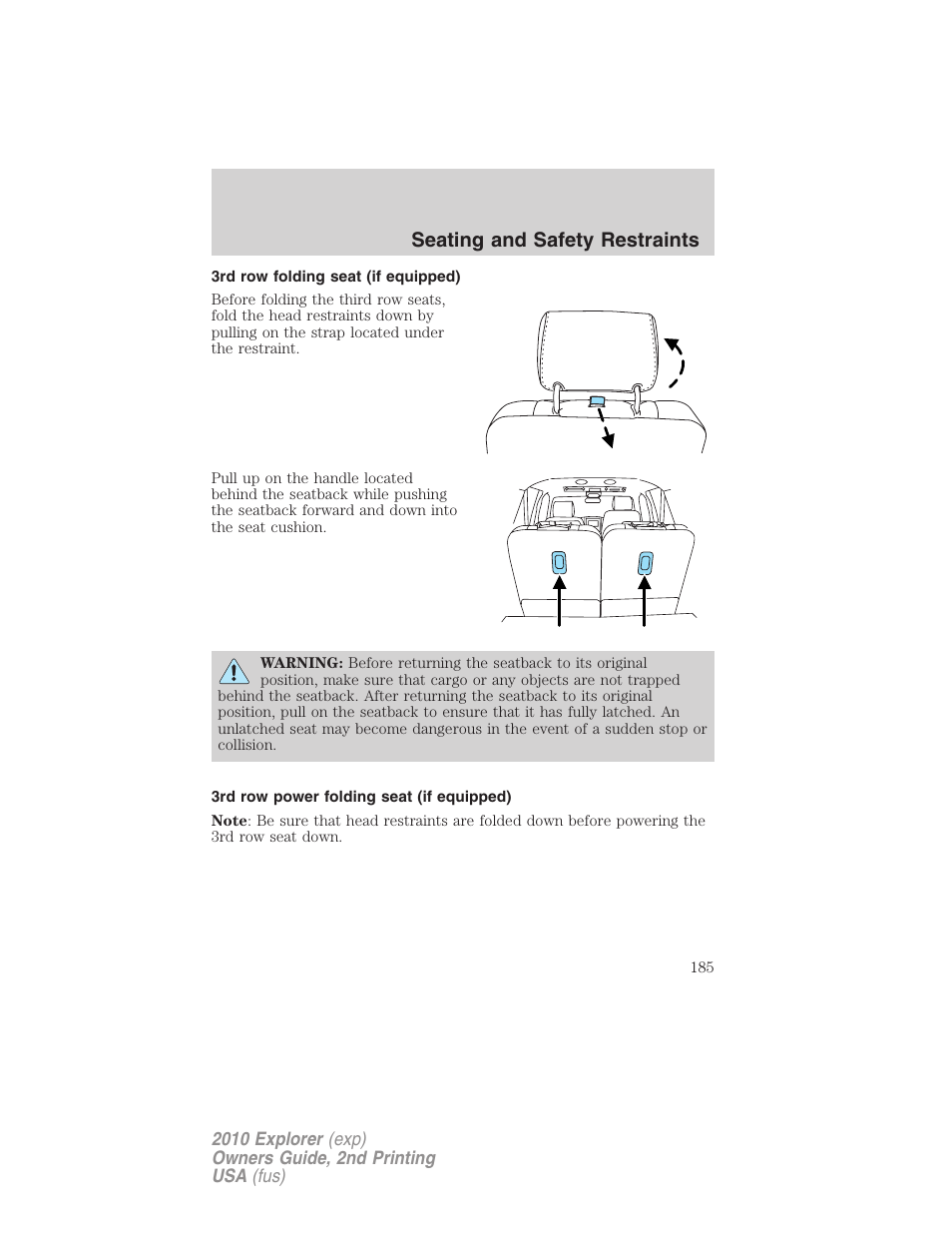 3rd row folding seat (if equipped), 3rd row power folding seat (if equipped), Seating and safety restraints | FORD 2010 Explorer v.2 User Manual | Page 185 / 406